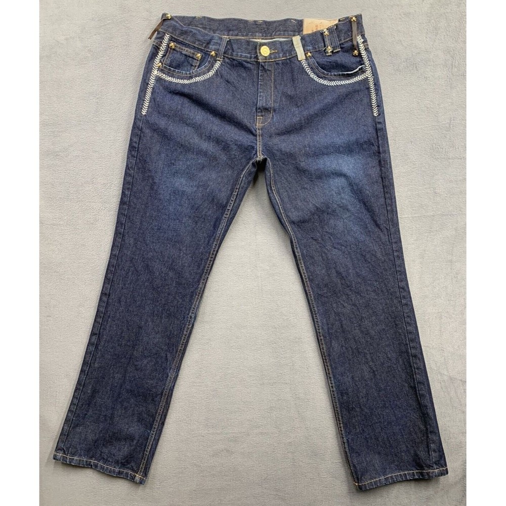Cult 45 Denim Jeans Men's Size 42 Blue Baseball Theme Stitched Pockets Straight - Picture 3 of 16